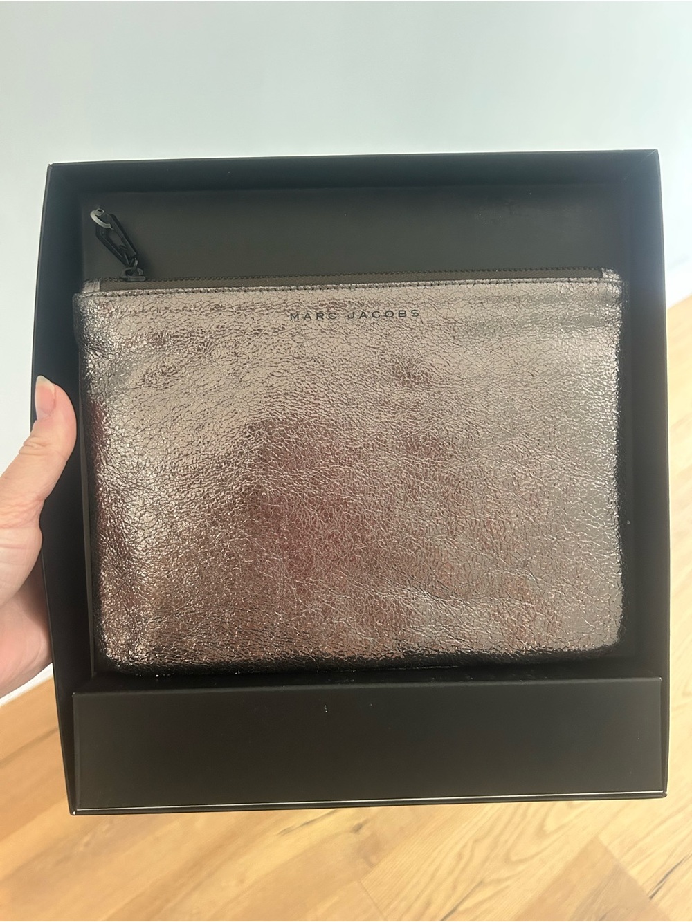Marc Jacobs Metallic Silver/Taupe gunmetal color clutch